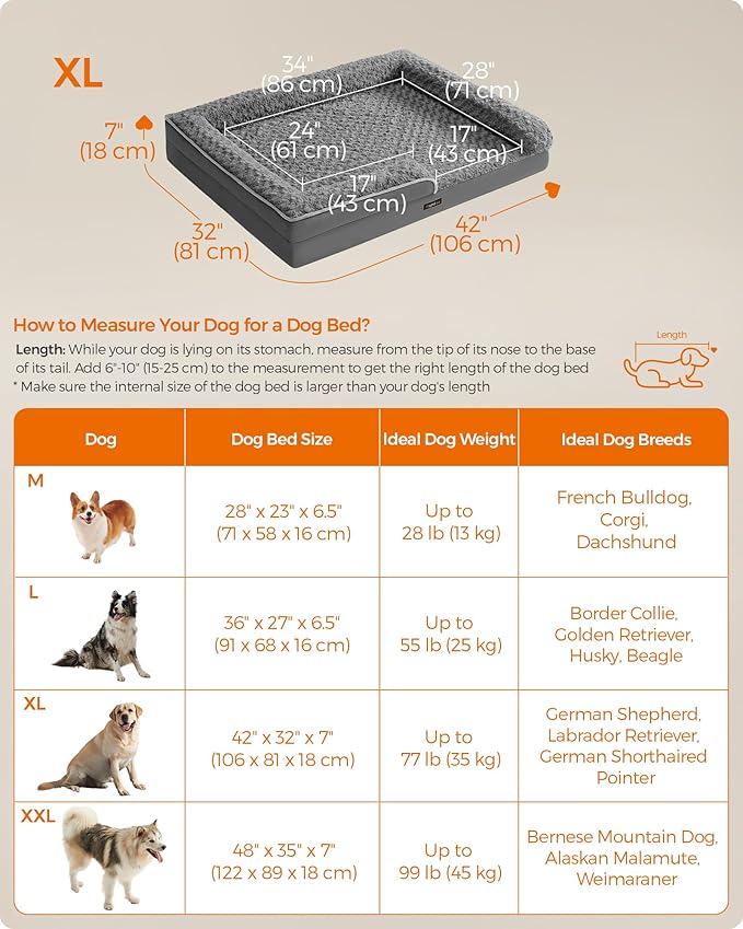 Feandrea Orthopaedic Dog Bed for Large Dogs, Waterproof Dog Sofa Bed with Removable Washable Cover, 42 x 32 x 7 Inches, Slate Gray UPGW253G02-Mewly Pet