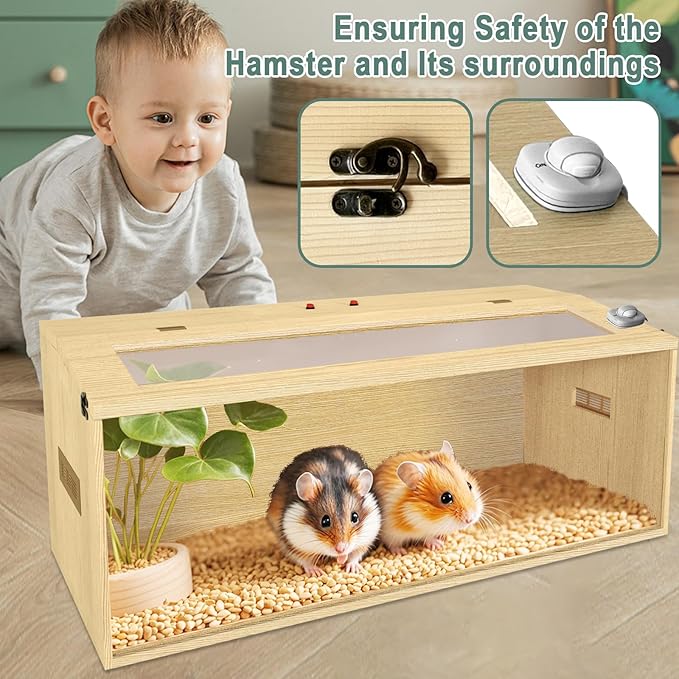Large Hamster Cage 40", Top Opening Lockable Roof, Gerbil Cage with Ventilation Window, Dwarf Hamster Cages and Habitats, Chewproof Syrian Hamster Habitat Enclosure, (Wooden, 40" L x 16" W x 16" H)-Mewly Pet