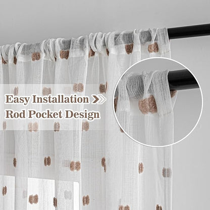 MYSKY HOME White Curtains for Bedroom 63 Inch Length Long Sheer Curtains for Kids Room Nursery Curtains with Taupe Patched Design Rod Pocket Privacy Window Drapes Dining Room 52" x 63" 2 Panels