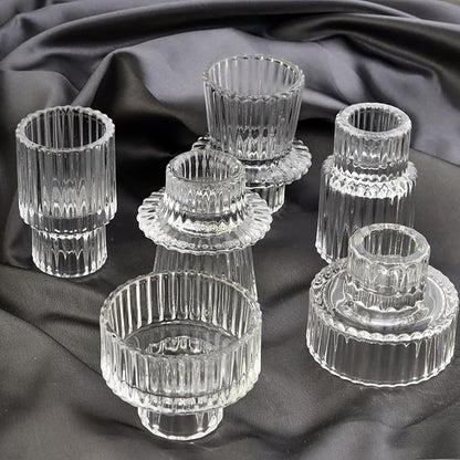 Ribbed Glass Candlestick Holders 6PCS Clear Candle Stick Holders for Tealight Taper Candles Dining Table Centerpieces Holiday Decoration