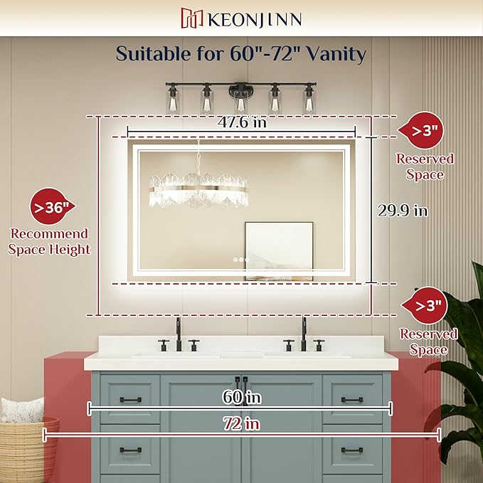 Keonjinn 48 x 30 Bathroom LED Mirror, Front Lighted Bathroom Vanity Mirror, Shatter-Proof Tempered Glass, UL-Listed LED Driver, Fog Free, Dimmale 6000K, Easy to Install(Horizontal/Vertical)