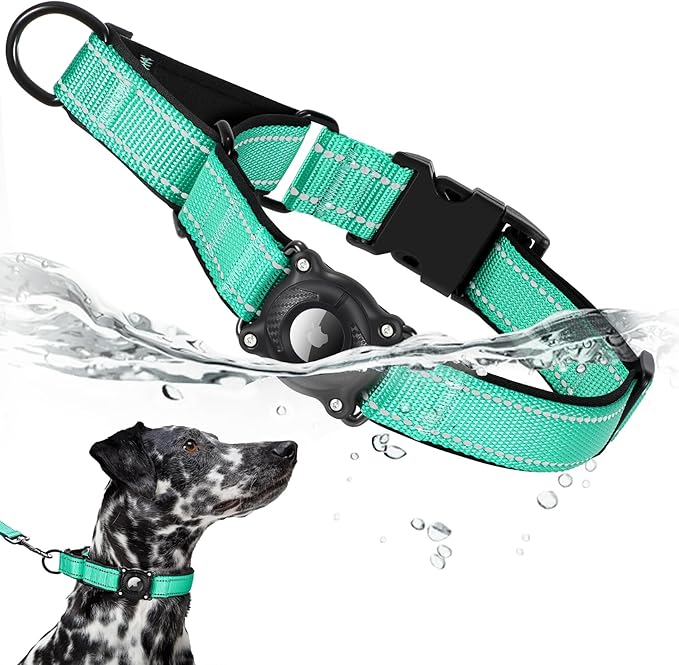 Airtag Dog Collar with Martingale Design, IP68 Waterproof Air Tag Collar Holder, Adjustable Reflective Soft Padded Nylon Dog Collar for Large Medium Small Dogs-Mewly Pet