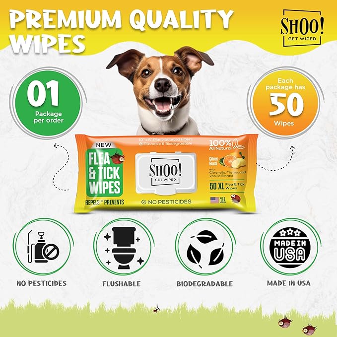 Shoo! Flea & Tick Wipes for Dogs | Convenient, Easy On-The-Go Protection | Plant Based, Natural Oils, Chemical Free | Repels & Prevents | 50 XL Wipes | (Citrus Burst)-Mewly Pet