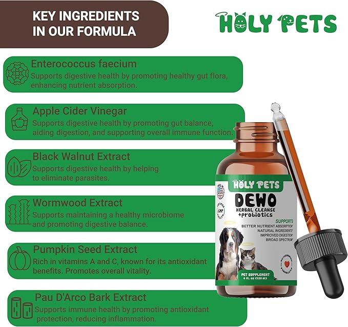 Herbal Gut Cleanse & Natural Parasite Support for Dogs & Cats with Probiotics – Promotes Digestive Health, Detox, and Wellness – 4oz Liquid Supplement for Pets – Made in The USA (4oz)-Mewly Pet