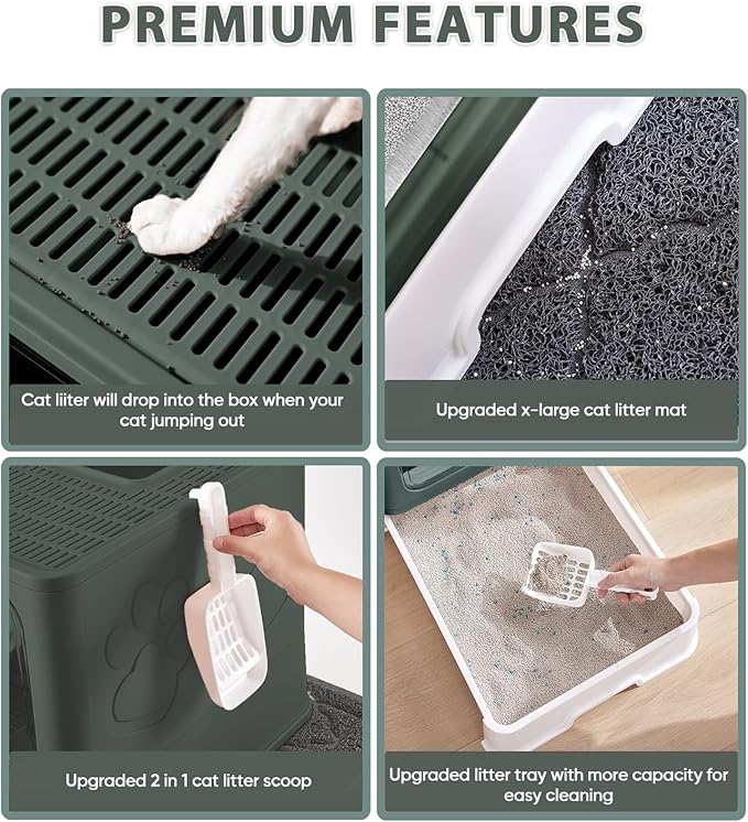 Cat Litter Box with X-Large Litter Mat and Scoop, Large Foldable Litter Box with Lid, Enclosed Kitty Box,Front Top Entry Exit, Odor Control Easy to Clean (Upgrade Olive Green)-Mewly Pet