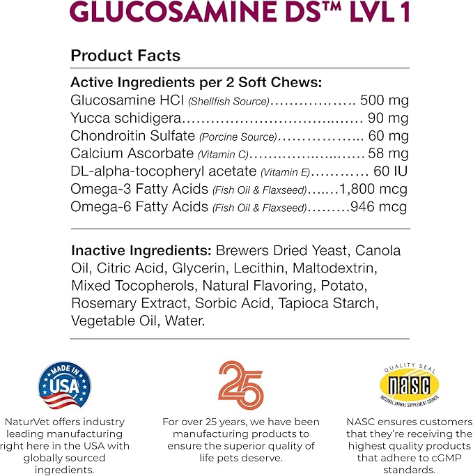 NaturVet Glucosamine DS Level 1 Maintenance, Joint Care Support Supplement for Dogs and Cats, Soft Chews, Made in The USA-Mewly Pet