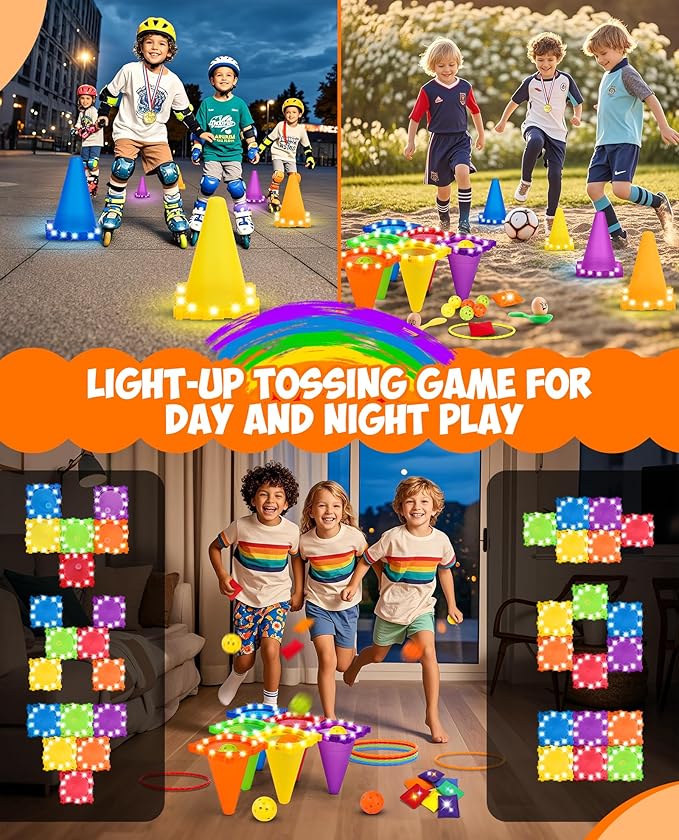 Eocolz 49PCS Carnival Games Outdoor Combo Set for Kids with LED Light, Plastic Cones Obstacle Course Bean Bags Balls Ring Toss Game Egg and Spoon Race Lawn Game, Gift for Birthday Party/Xmas/Easter-Mewly Pet