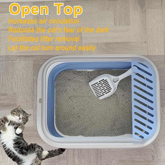 Open Cat Litter Box with High Side, Anti-Splashing Kitty Litter Pan Collapsible Travel Litter Potty Pan Scoop Leak-Proof Pedal Cat Toilet No Smell Easy Clean (M Gray High Side)-Mewly Pet
