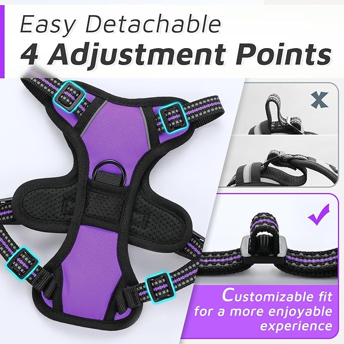 Eagloo Small Dog Harness No Pull, Service Vest with Reflective Strips and Control Handle, Adjustable and Comfortable for Easy Walking, No Choke Pet Harness with 2 Metal Rings, Purple, XS-Mewly Pet