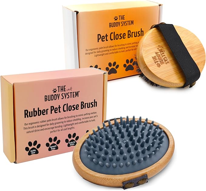 The Buddy System Pet Close Brush, Soft Touch Oval Palm Brush - Bamboo Massage Handheld with Soft Boar Bristles and Elastic Band for Dogs and Cats (2-pack, 1 Brush + 1 Rubber)-Mewly Pet