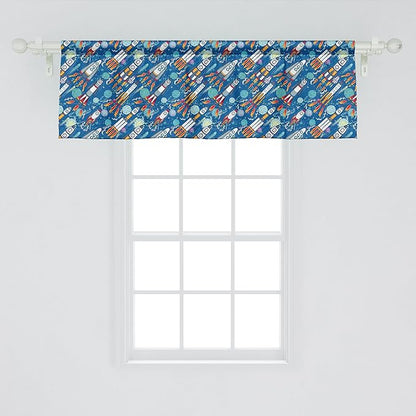 Ambesonne Spaceship Window Valance Pack of 2, Hand-Drawn Cartoon Spaceships Planets and Stars Outer Space Exploration Theme, Rod Pocket Curtain Valances for Kitchen Bedroom, 42" X 18", Violet Blue