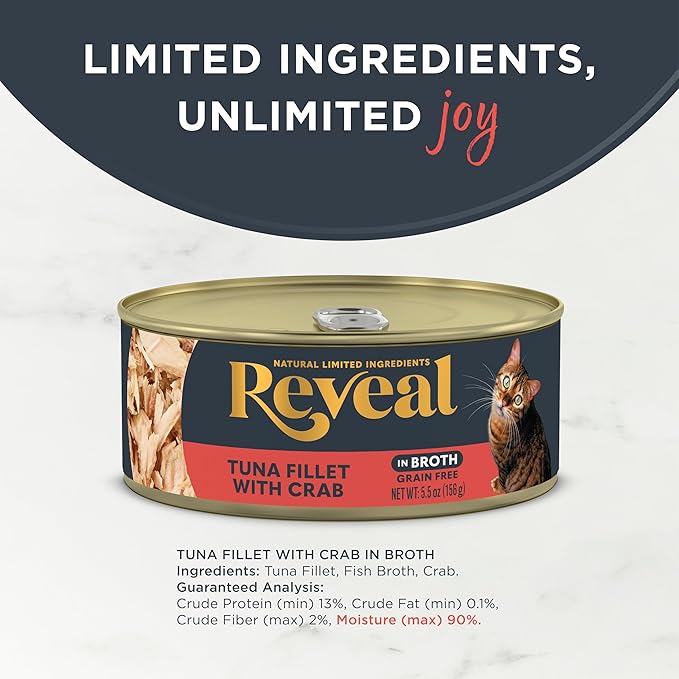Reveal Natural Wet Cat Food, 12 Count, Grain Free, Limited Ingredient Canned Food for Cats, Tuna Fillet with Crab in Broth, 5.5 oz Cans-Mewly Pet