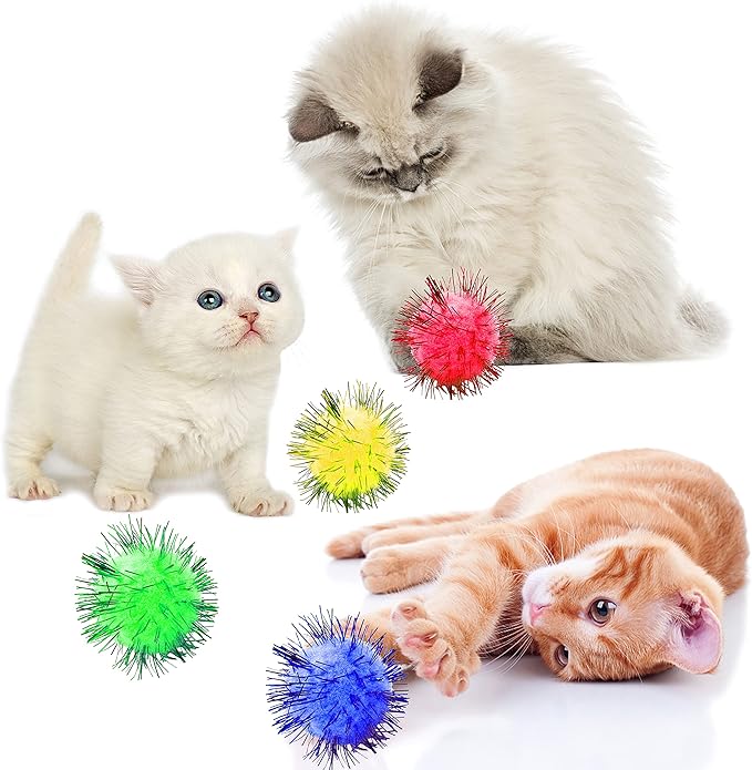 80 Pieces Cat Sparkle Balls Assorted Color 1 Inch Pom Poms Tinsel Cat Ball Toy Puff Balls Glitter Ball for Cats Kitten Toys for Indoor Cats and Crafts-Mewly Pet