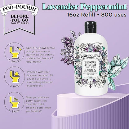 Poo-Pourri Before-You-Go Toilet Spray Refill, Lavender Peppermint, 16 Fl Oz, Up to 800 Uses, Bathroom Odor Deodorizer with Essential Oils for Home or Work, Lavender, Peppermint and Citrus Scent