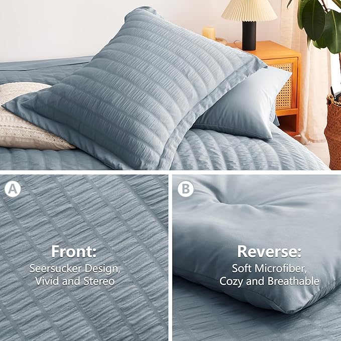 CozyLux Grayish Blue King Size Comforter Set Seersucker 7 Pieces Dusty Blue Bed in a Bag King Comforter Set with Sheets, Luxury Bedding Set with Down Alternative Comforter, Sheets, Pillowcases & Shams