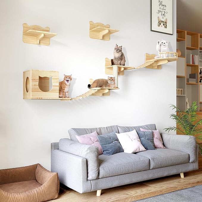 Cat Wall Shelves, Cat Wall Furniture Pine Wooden Feline Shelf, 9 Piece Shelves and Perches with Bed, House, Steps, Bridge Ladder and Scratching Post-Mewly Pet