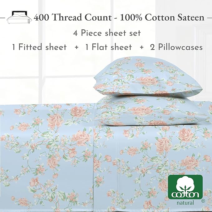 California Design Den Full Size Bed Sheets Set - 400 Thread Count Sateen, Natural 100% Cotton Sheets for Full Size Bed, Deep Pocket Cooling and Durable Bedding Set - Antique Rose
