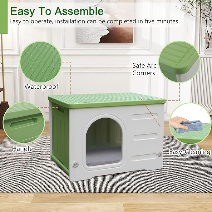 Rockever Plastic Cat House Outdoor with Escape Door, Waterproof Feral Cat House Outdoor Indoor, Sturdy Cat House for Outdoor Cats with Cat Bed Mat, Assemble Easily-Green-Mewly Pet