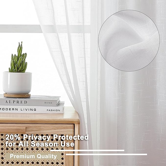 Aiyufeng Kirei Elegant Extra Long Linen Look Sheer Curtains 96 Inches Long 2 Pieces, Farmouse Semi Sheers Linen Curtains/Window Treatments Panels/Drapes (Set of 2, 40 by 96 Inch, Pure White)