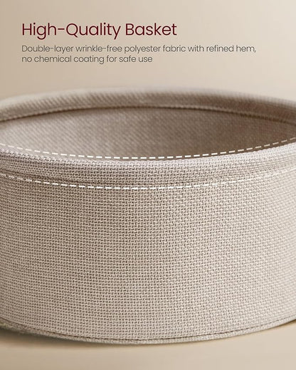 VASAGLE LILEA Collection - Small Round Side End Table, Modern Nightstand with Fabric Basket, Matte White and Camel Brown ULET223W10