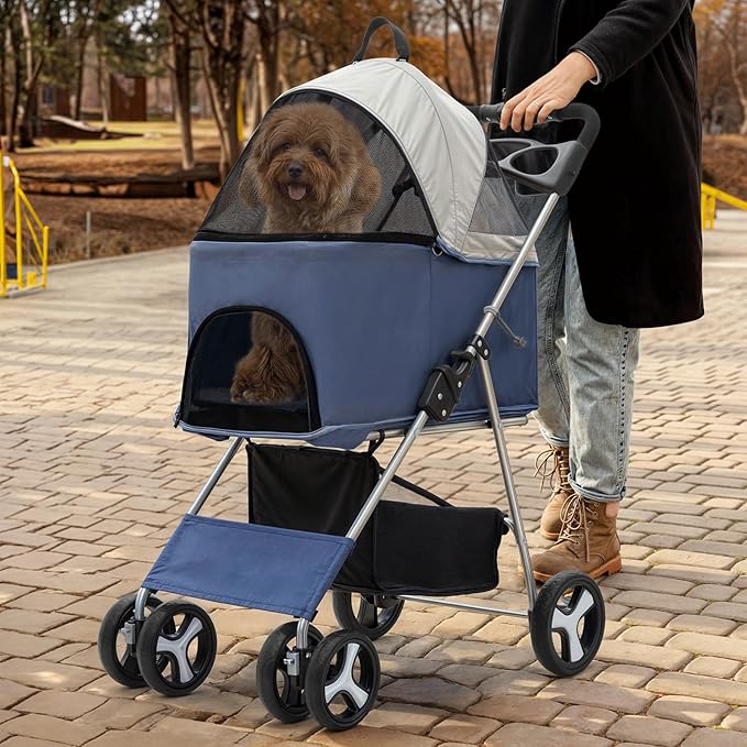 MoNiBloom 3 in 1 Foldable Pet Stroller for Small & Medium Dogs, Detachable Carrier, Car Seat, Push Button Entry, 4-Wheel Jogger for Pets up to 33 lbs, Navy Blue-Mewly Pet