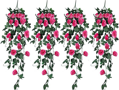 RECUTMS Artificial Rose 4Packs Fake Hanging Flower Faux Ivy Vine Plants for Home Window Garden Office Patio Planter Pathway Front Porch (Rose Red)