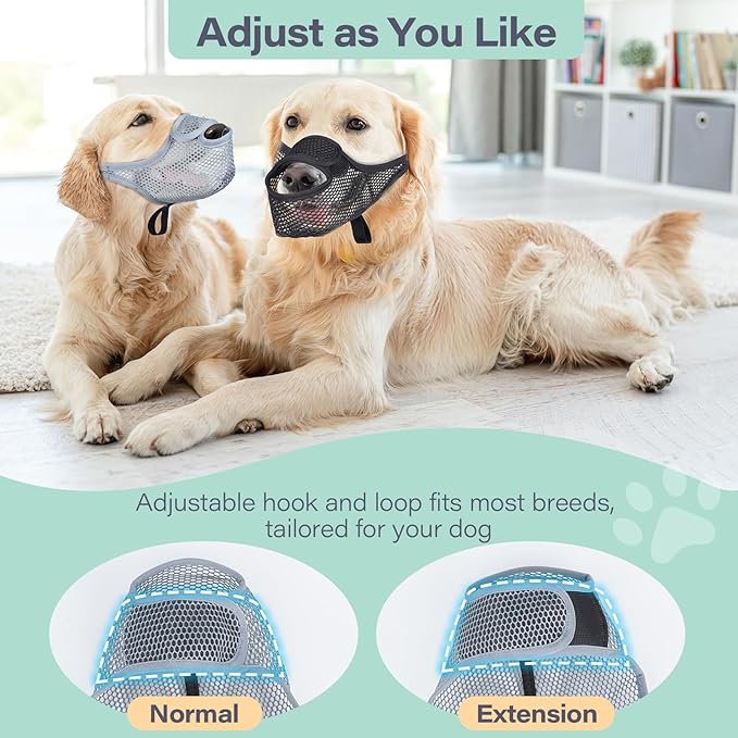 LUCKYPAW Dog Muzzle for Large Medium Small Dogs, Patented Mesh Muzzle to Prevent Biting Chewing Eating, Soft Mouth Guard with Front Opening Design for Drinking Panting(Grey, L)-Mewly Pet