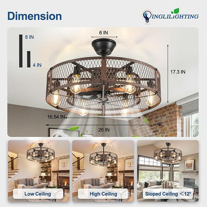 DLLT Caged Ceiling Fan with Lights: 26" Bladeless Fandelier with Light and Remote - Walnut Industrial Chandelier Fan Light for Bedroom Living Dining Room Kitchen