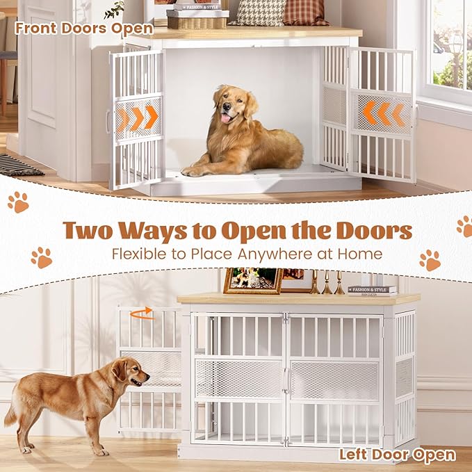 VOPEAK 46" Dog Crate Furniture, Chew Resistant Large Dog Crate for Medium Large Dogs, Heavy Duty XL Dog Crates Dog Kennel Cage Indoor with Double Doors, End Table for Bedroom Living Room, White-Mewly Pet
