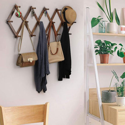 WEBI Accordion Wall Hanger, Wooden Coat Rack Wall Mounted, Hat & Cap Hook Rack, 16 Peg Hooks, Walnut Color