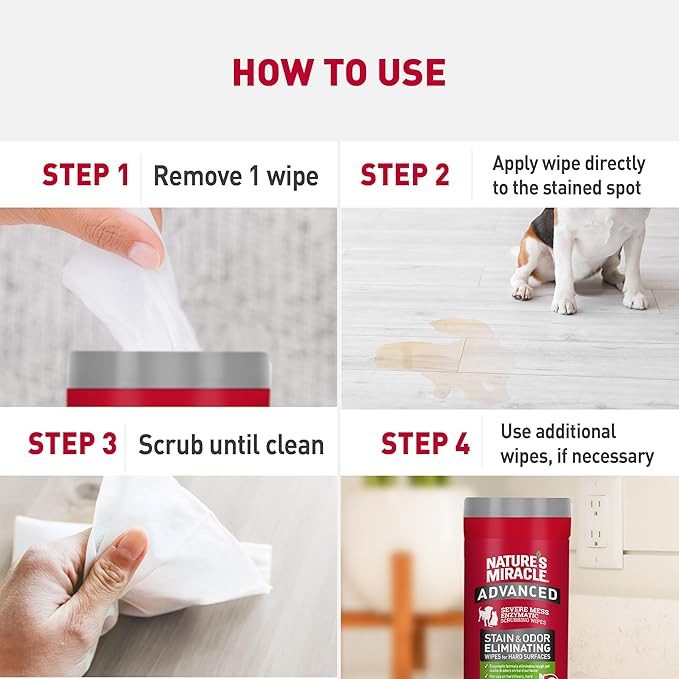 Nature’s Miracle Advanced Stain And Odor Eliminating Wipes for Hard Surfaces, 30 Count, Enzymatic Formula Eliminates Tough Pet Messes-Mewly Pet