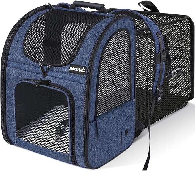 Pecute Pet Carrier Backpack, Large Cat Carrier Backpack, Expandable Cat Backpack with Breathable Mesh for Medium Large Cats, and Small Dogs, Dog Backpack Carrier for Travel Hiking Blue-Mewly Pet