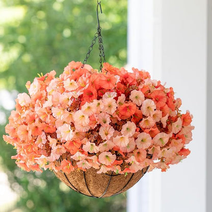 Artificial Fake Hanging Flowers with Basket for Fall Decoration, 12 Bundles Faux Silk Morning Glory Plants for Outdoor Planters, Realistic UV Resistant Artificial Flowers for Outside Porch Garden
