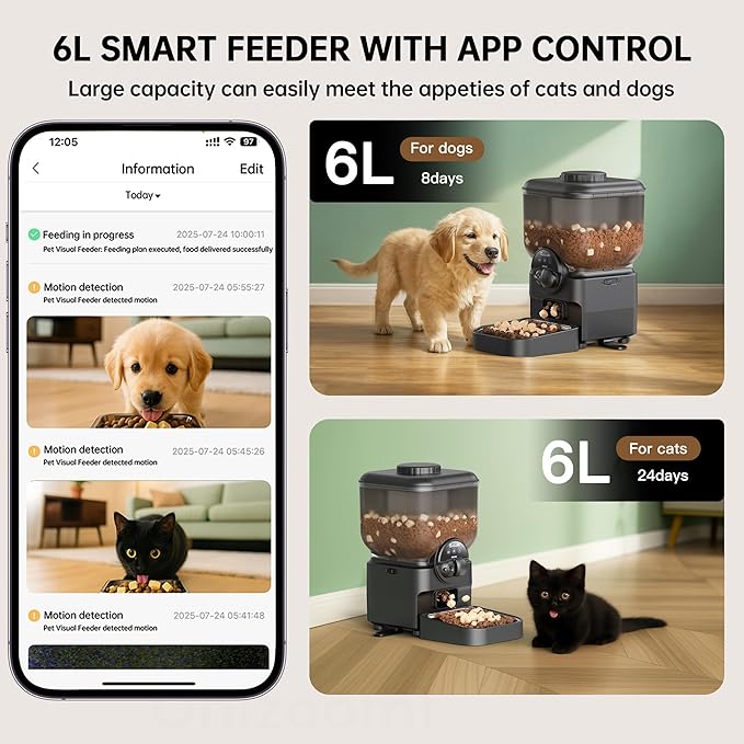 Automatic Pet Feeder for Cat and Dog - 6L Auto Cats Food Dispenser with Camera - WiFi App Control Smart Feeders with Timed - Dogs Feeding Station with 15-Day Battery Life After Power Off-Mewly Pet