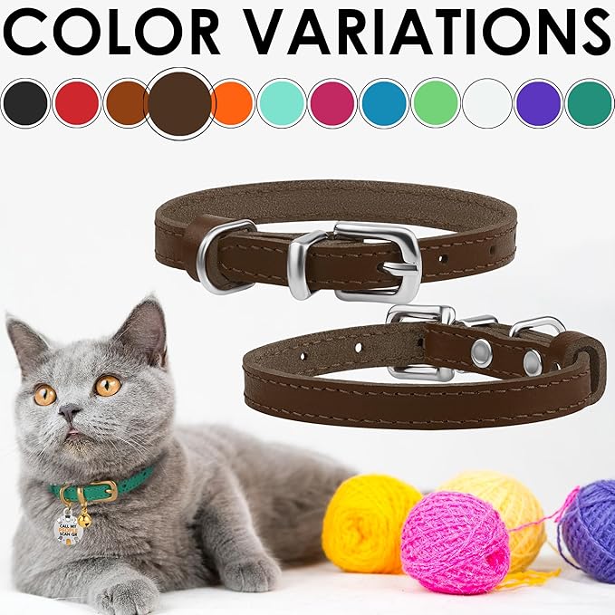BRONZEDOG Leather Cat Collar with Removable Bells Non Breakaway Kitten QR Tag for Girl Boy (9" - 12" Cats/Mini Dogs, Brown & Silver)-Mewly Pet