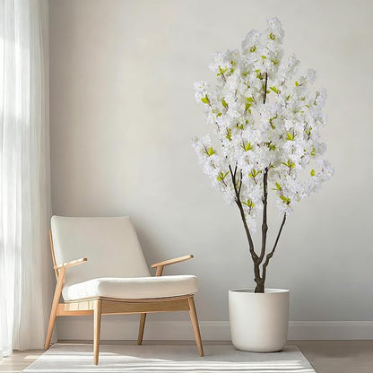 Artificial White Cherry Blossom Tree 6ft(74in) Faux White Flower Tree Indoor Decor Handmade Natural Fake Cherry Tree for Wedding Realistic Cherry Blossom Plant for Home,Living Room,Office Decor