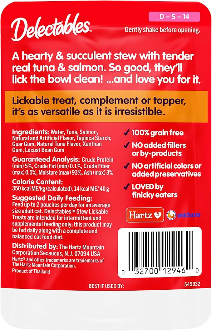 Hartz Delectables Stew Tuna & Salmon Lickable Wet Cat Treats, 1.4 Ounce (Pack of 12)-Mewly Pet