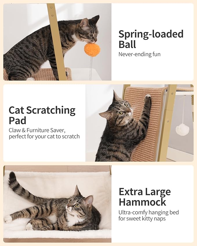 FourFurPets Modern Cat Tree, 58-Inch Cat Tower for Large Cats, Maine Coon Cat Tree with Scratching Board, Large Perch, Hammock and Removable Pads, White-Mewly Pet