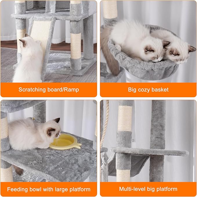 Heybly Tall Cat Tree, 78-inch Multi-Level Cat Tower for Indoor Cats, 2 Widened Plush Perches Cat Condo with Scratching Board and Big Caves, Light Gray HCT033W-Mewly Pet