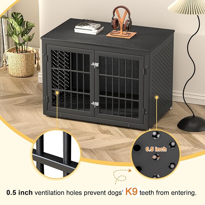 38" Heavy Duty Dog Crate Furniture for Large and Medium Dogs,Wooden Metal Kennel for High Anxiety Dogs, Chew Proof Pet Cage Indoor, Decorative Dog Kennel End Table-Mewly Pet