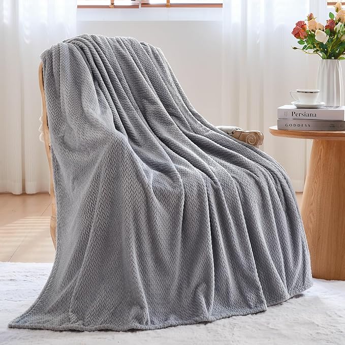 NEWCOSPLAY Super Soft Queen Blanket Grey Premium Silky Flannel Fleece Leaves Pattern Lightweight Bed Blanket All Season Use (Grey, Queen(90"x90"))