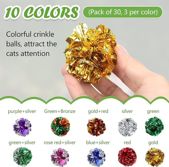 Silkfly 30 Pcs Polyester Film Crinkle Balls Cat Toys 2.36" Interactive Crinkle Ball, Colorful Chew and Chase Cat Toys for Indoor Kittens to Keep Fit Active-Mewly Pet