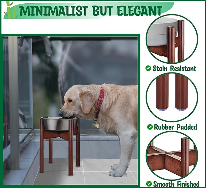 Stand for Dog Water/Food Bowl, Fountain Dishes and Feeders - Makes 14-inch High, Ideal for Large Breeds - Adjustable Sideways with Lock, Dark Wood - Bowls Not Included-Mewly Pet