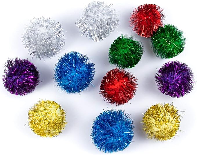 AUEAR, 12 Pack 2 Inch Sparkle Ball Shiny Glitter Tinsel Pom Poms Interactive Cat Balls for Kittens (6 Colors)-Mewly Pet
