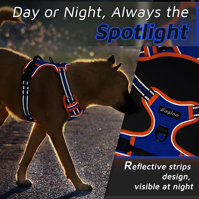 Eagloo Dog Harness for Large Dogs, No Pull Service Vest with Reflective Strips and Control Handle, Adjustable and Comfortable for Walking, No Choke Pet Harness with 2 Metal Rings, Blue & Orange, L-Mewly Pet