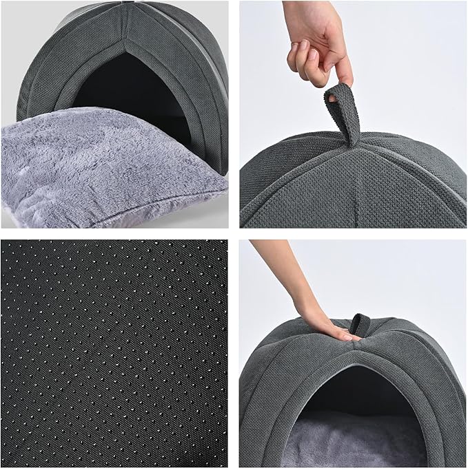 Amazon Basics Cat Cave Bed, 2-in-1 Foldable House for Indoor Cats, with Washable Cushion and Non-Slip Base, 17.5 x 17.5 Inches, Large-Mewly Pet