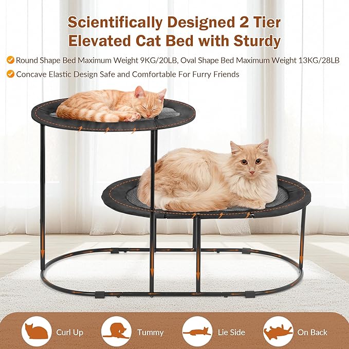 Defined Deco 2 Tier Elevated Cat Hammock Bed, Furniture Cat Bed Breathable Comfortable, Raised Cool Ca t Hammock for Indoor Cats, with Removable Mesh and Steel Frame for Summer-Mewly Pet