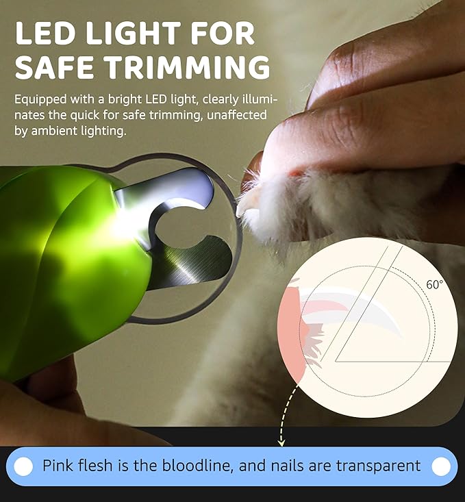 Pet Nail Clipper with Light for Cats & Small Dogs Puppies, Ultra Bright LED to Illuminate Nail Bloodline to Avoid Over Cutting, Extra-Sharp and Durable Cat Claw Trimmer with Nail File (Green)-Mewly Pet