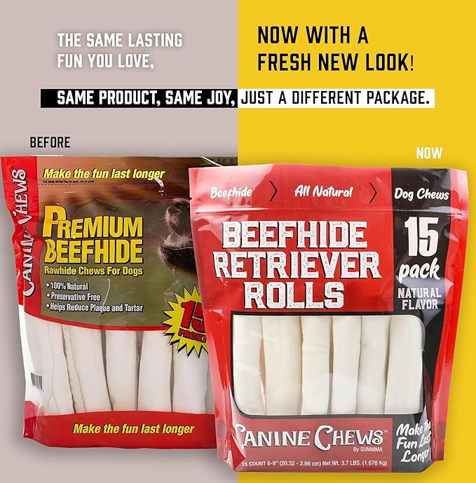 Canine Chews 8-9" Retriever Rolls for Large Dogs - Pack of 15 All-Natural Beef Hide Dog Chews for Aggressive Chewers - 3.7 lb.-Mewly Pet