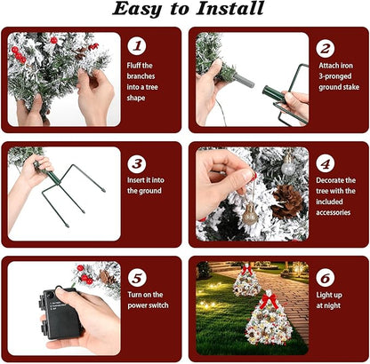 Lewondr Set of 2 Prelit Pathway Christmas Trees, 27.56" Outdoor Christmas Tree with 50 LED Lights, Pine Cones Red Berries, Battery Operated Outdoor Xmas Decor for Yard Home Porch, White Snowflake